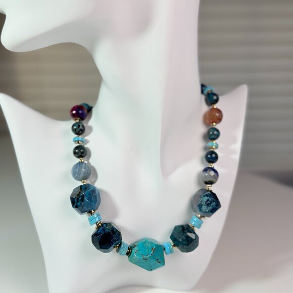 Chunky Blue Gemstone Statement Necklace – Turquoise & Blue Agate - Picture 10 of 11